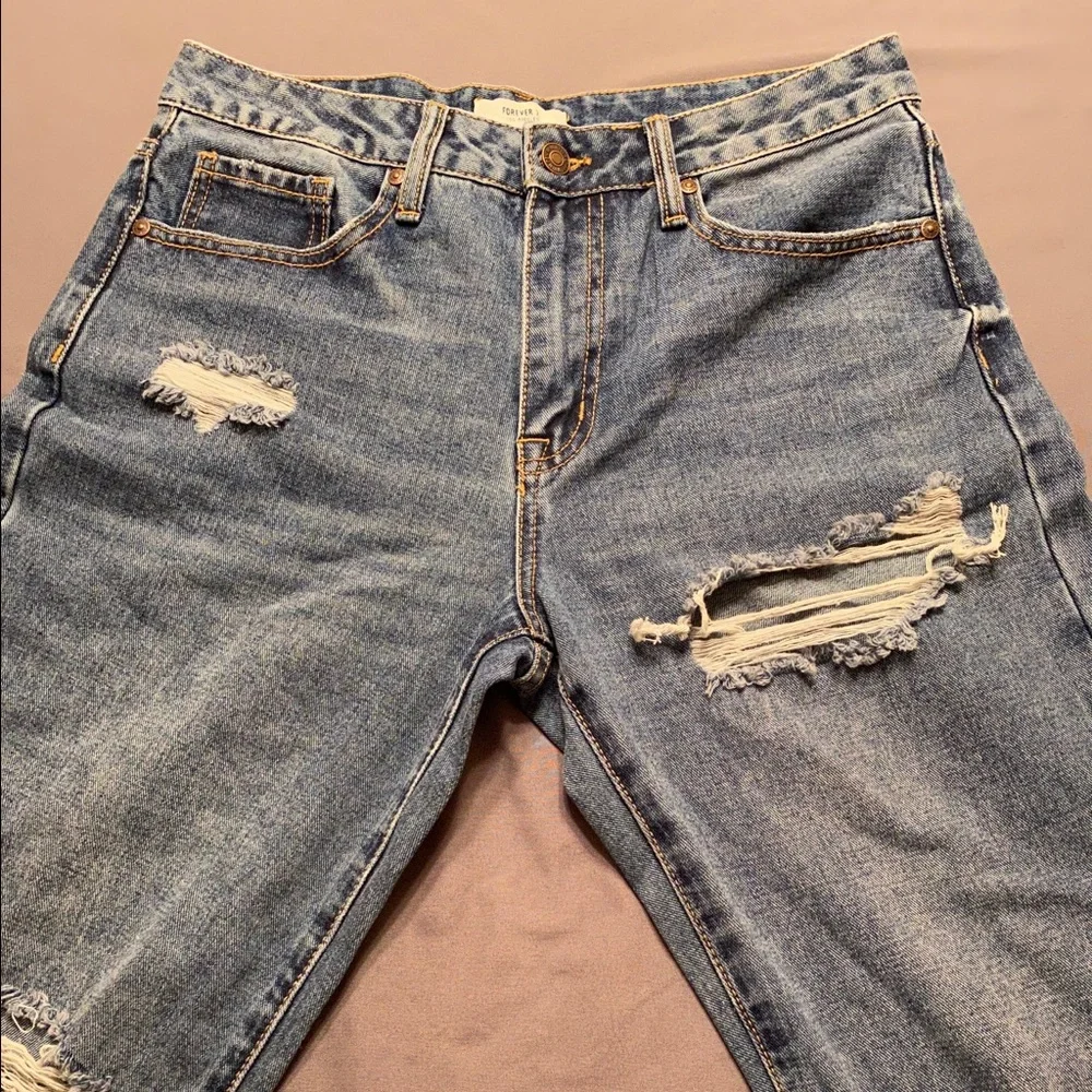 Forever 21 Distressed Straight Leg Denim Jeans